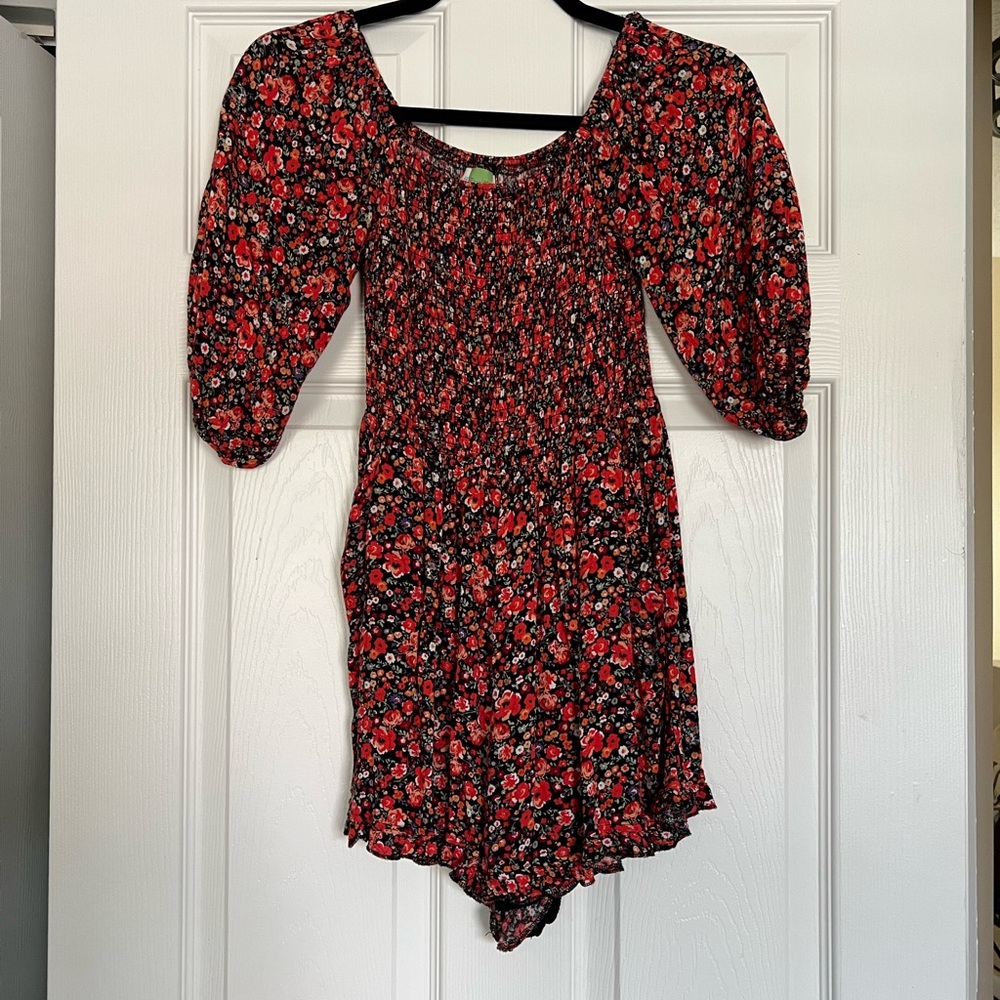 Francesca's Collections Red and Black Floral Jumpsuit with Puff Sleeves